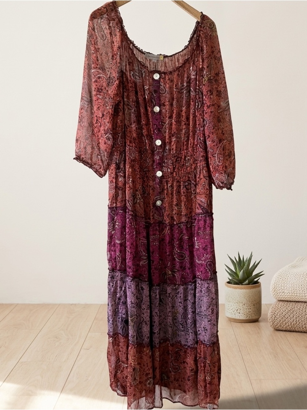 Tiered Paisley Maxi Dress in Burgundy and Purple